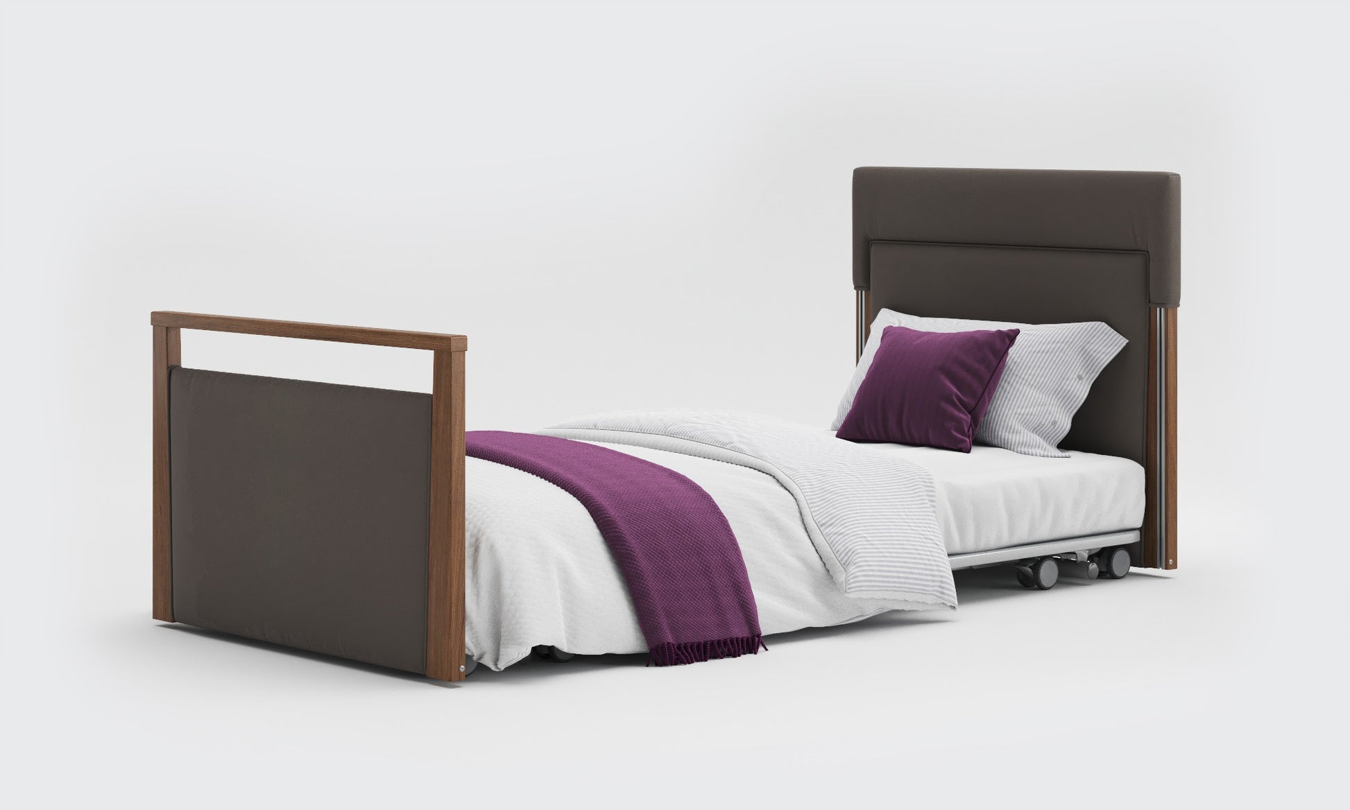 solo safeside 3ft upholstered bed in meteor leather and walnut