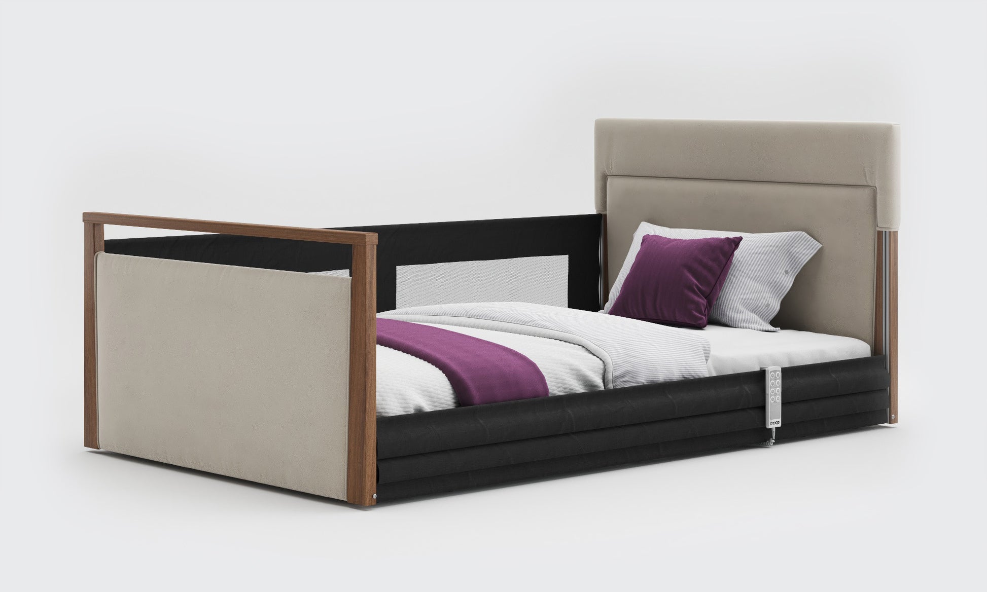 solo safe side 4ft bed in sisal leather and walnut with mesh rails