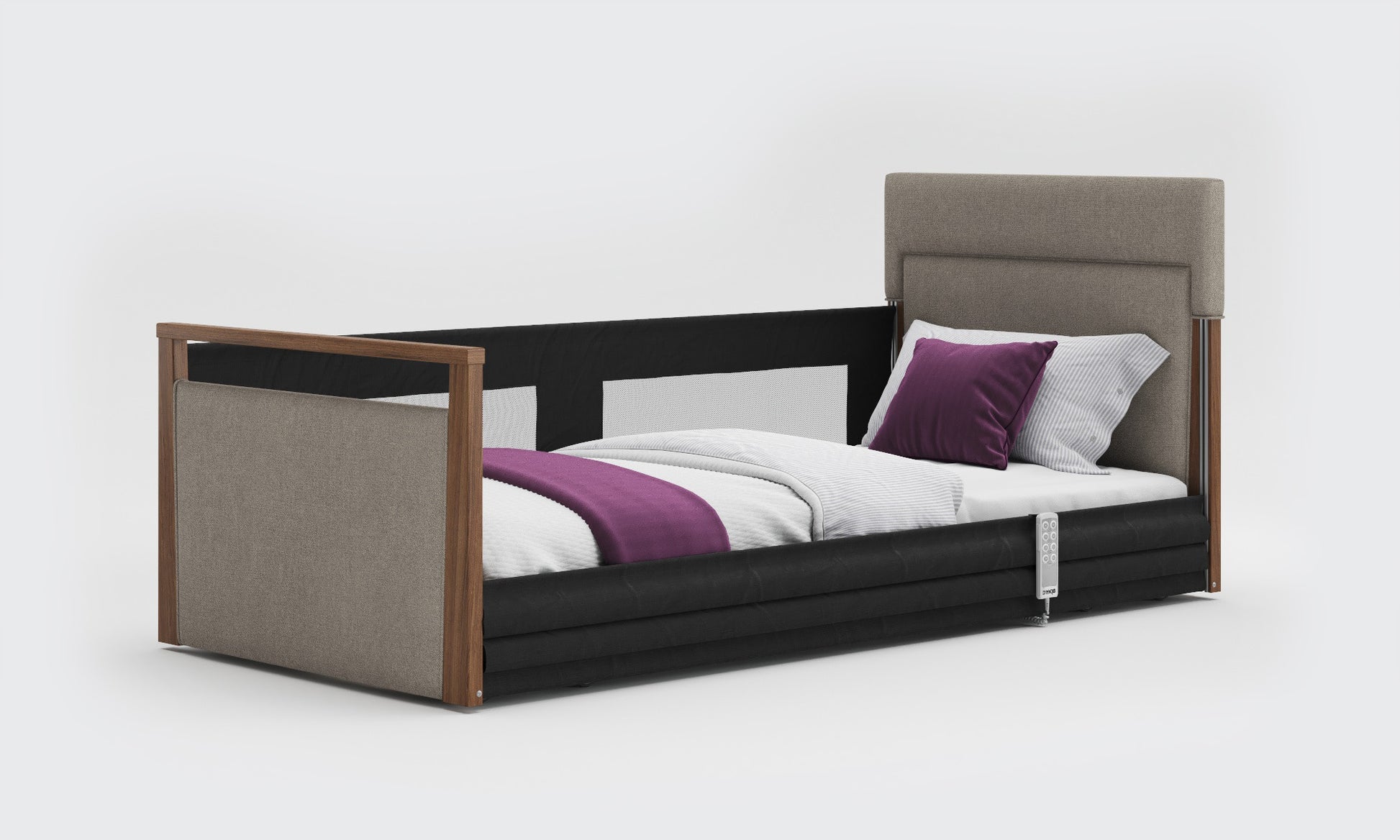 solo safeside 3ft upholstered bed in zinc and walnut with mesh rails