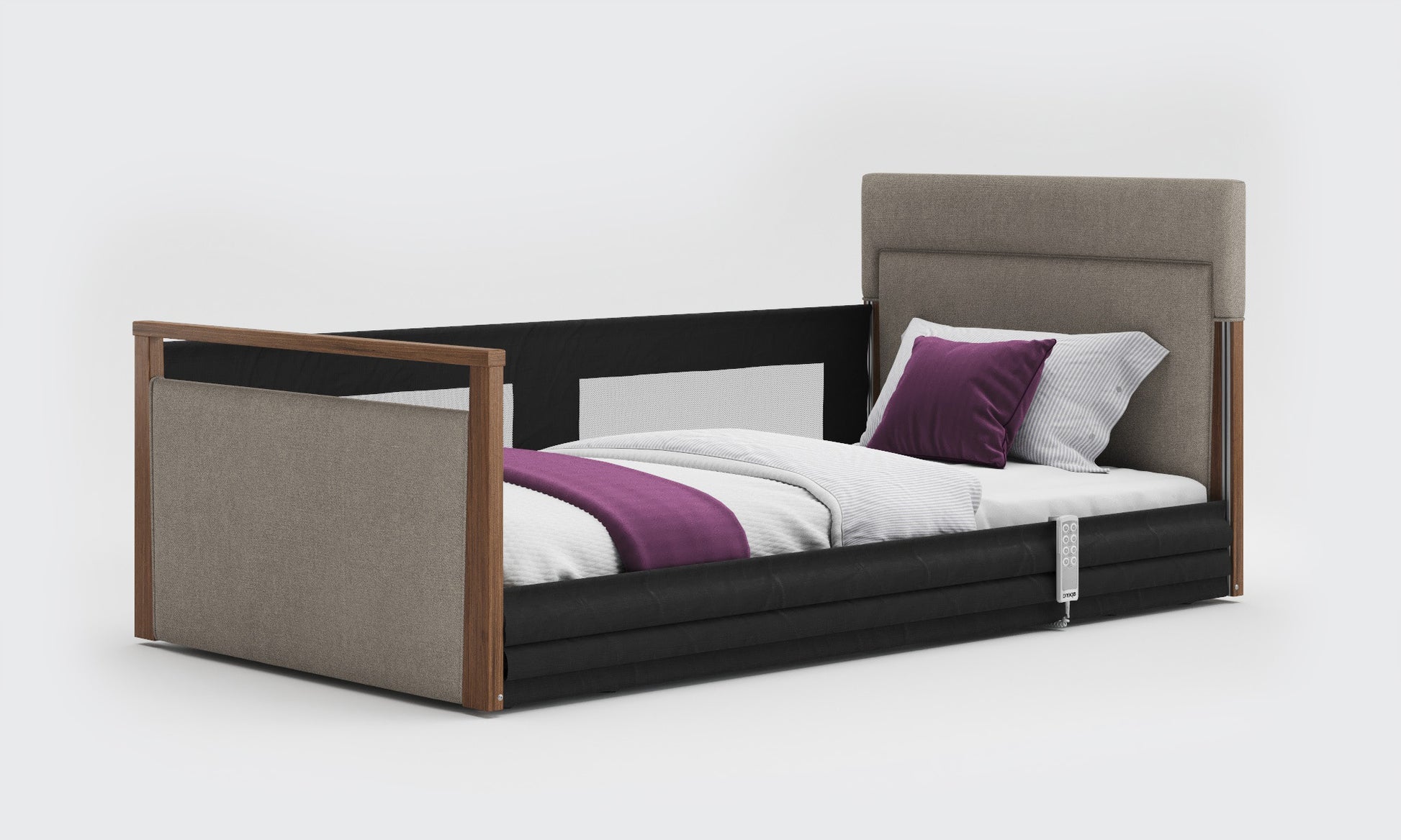 solo safeside 3ft6 upholstered bed with zinc and walnut with mesh rails