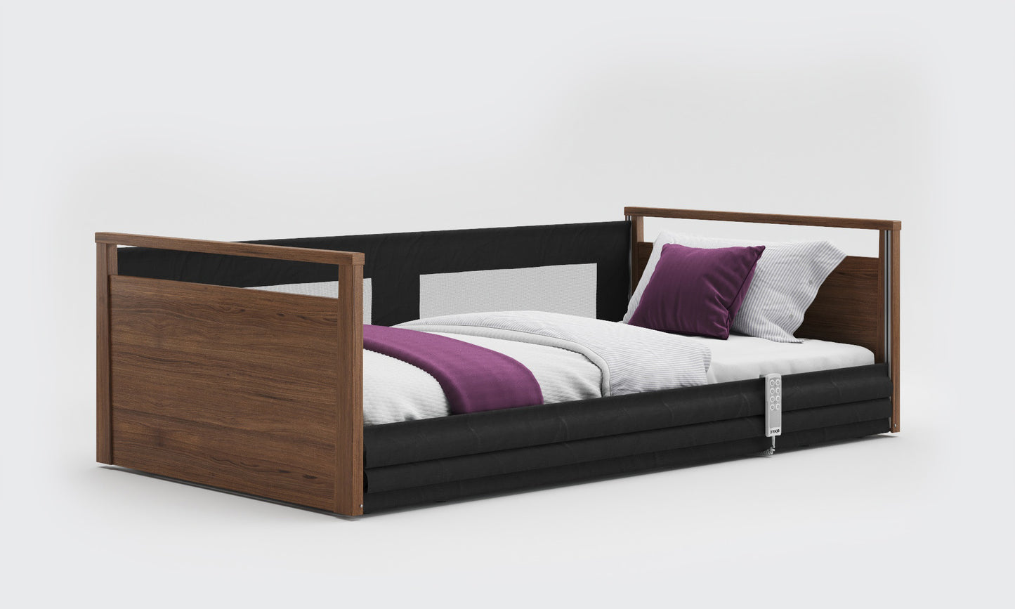 solo safer side 3ft6 bed and mattress in walnut and mesh rails 