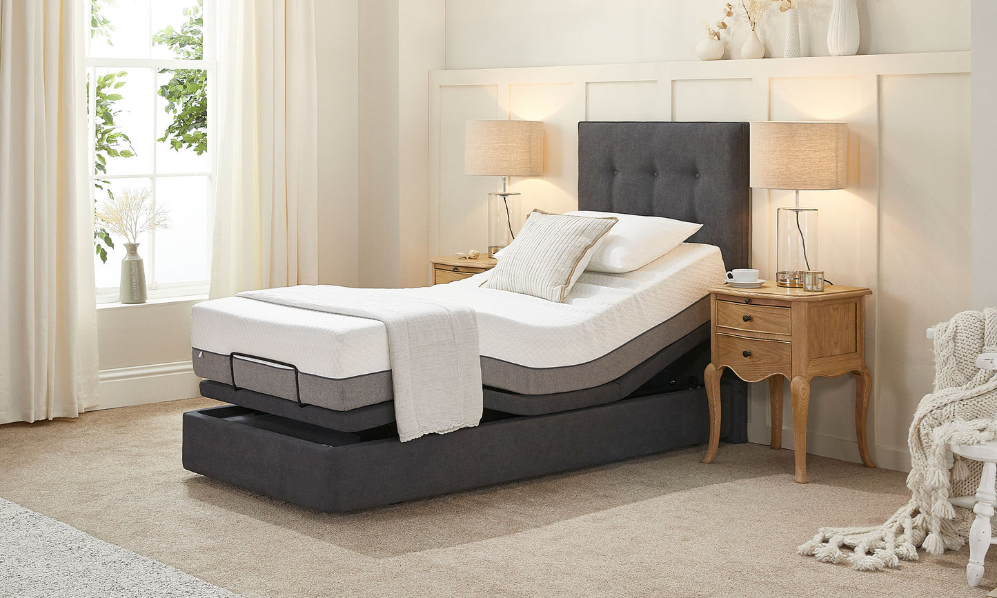 luxe bed with a headboard with the back and foot raised